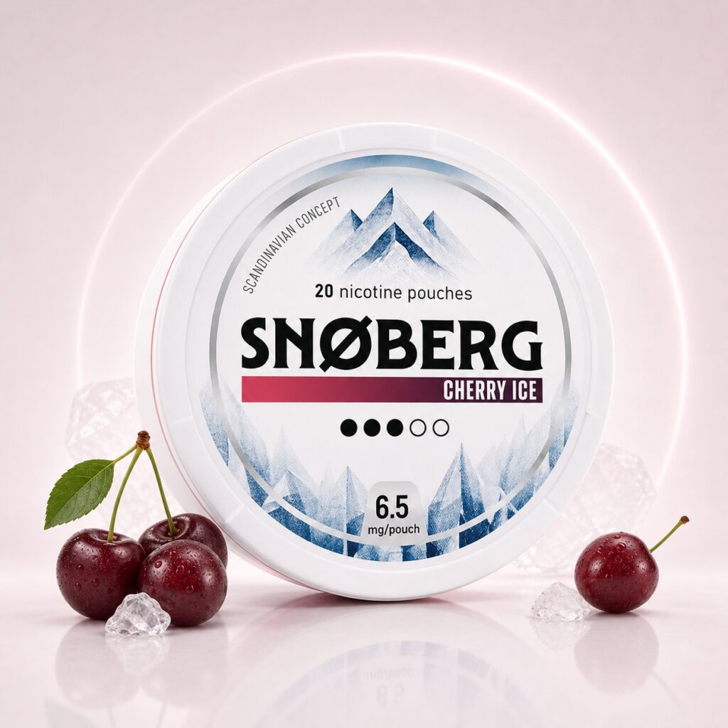 Snoberg Cherry Ice 6.5mg Nicotine Pouches — 6.5mg nicotine per pouch, slim format, 20 pouches