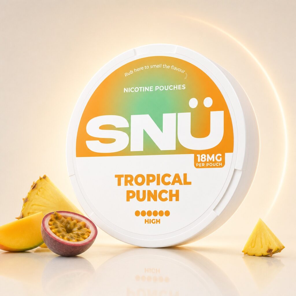 SNU Tropical Punch 18mg Nicotine Pouches — 18mg nicotine per pouch, slim format, 20 pouches