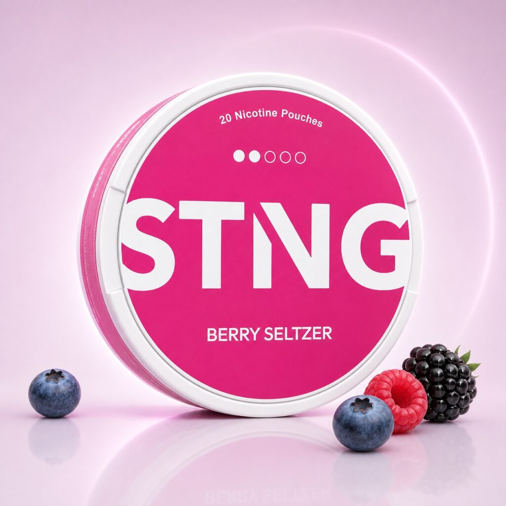 STNG Berry Seltzer 9.2mg Nicotine Pouches — 9.2mg nicotine per pouch, slim format, 20 pouches