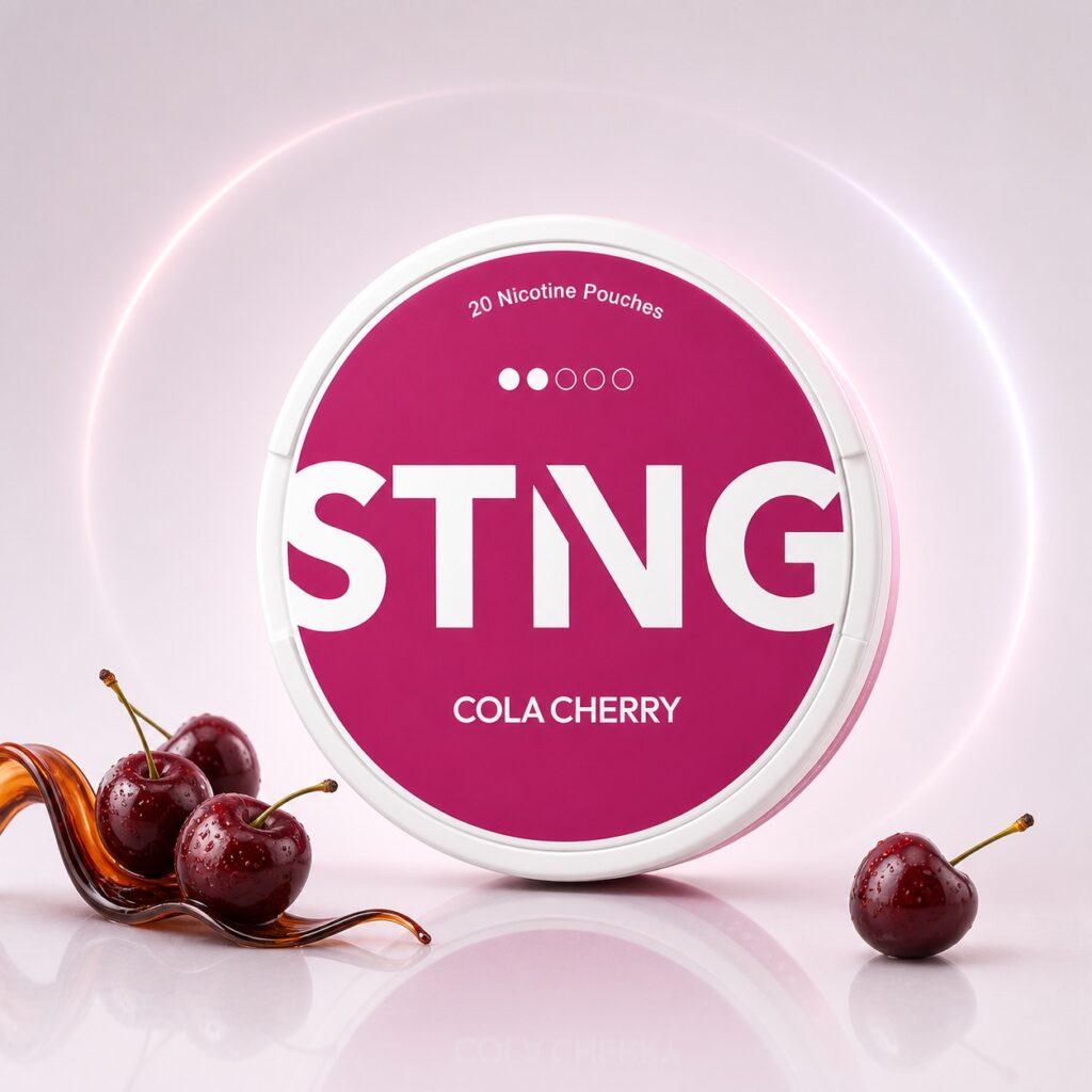 STNG Cola Cherry 9.2mg Nicotine Pouches — 9.2mg nicotine per pouch, slim format, 20 pouches