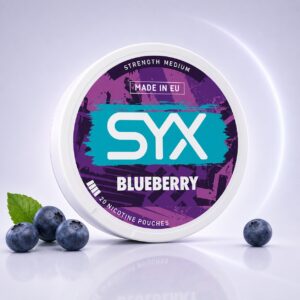 SYX Blueberry 5.6mg Nicotine Pouches — 5.6mg nicotine per pouch, slim format, 20 pouches