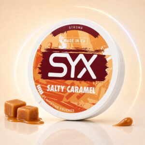 SYX Salty Caramel 11.5mg Nicotine Pouches — 11.5mg nicotine per pouch, slim format, 20 pouches