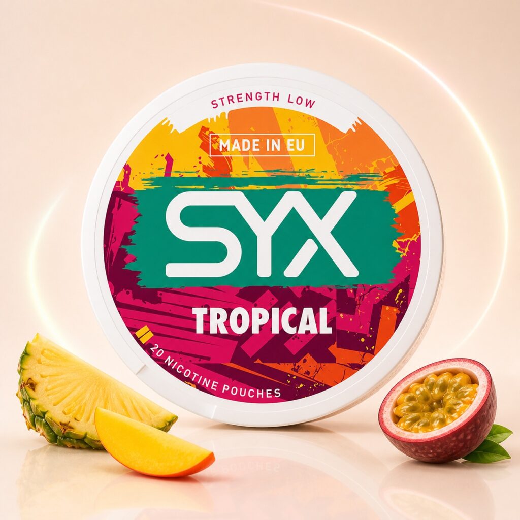 SYX Tropical 2.8mg Nicotine Pouches — 2.8mg nicotine per pouch, slim format, 20 pouches