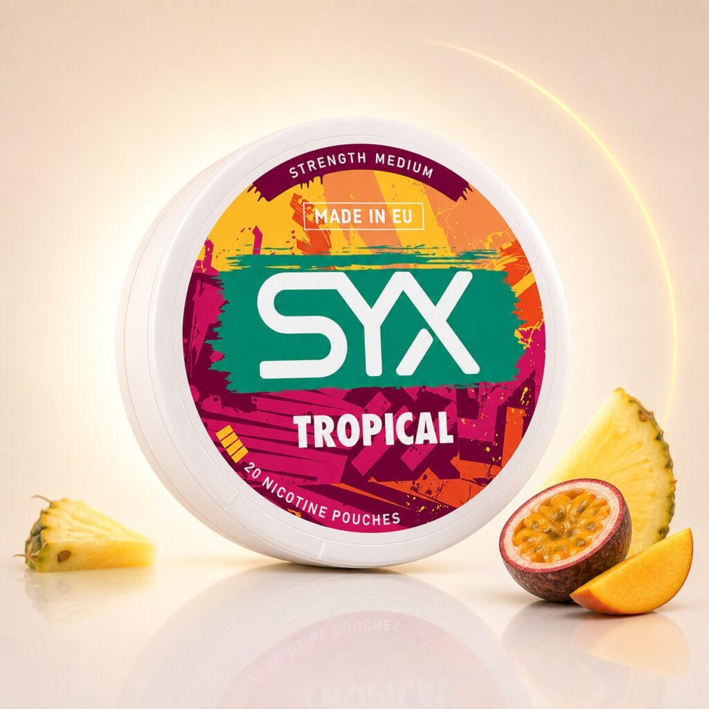 SYX Tropical 5.6mg Nicotine Pouches — 5.6mg nicotine per pouch, slim format, 20 pouches