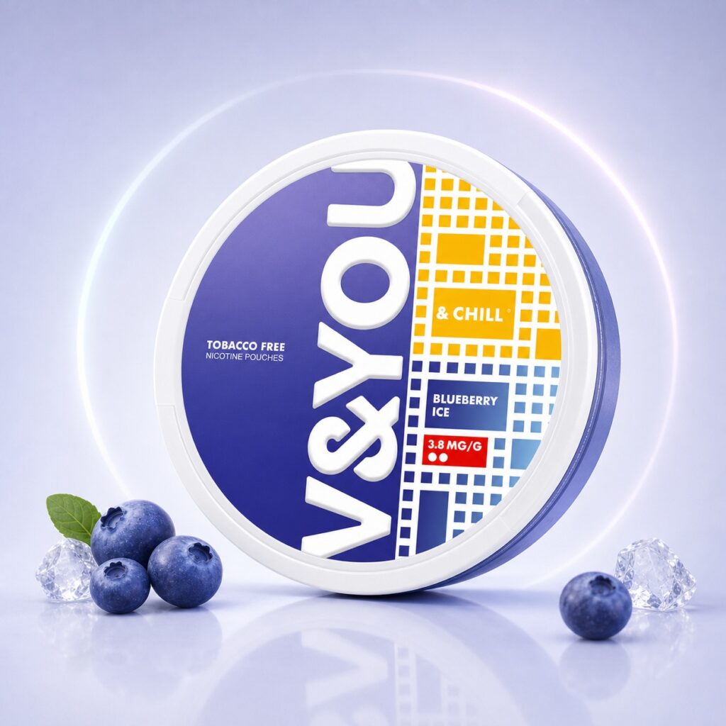V&YOU Blueberry Ice 3.8mg Nicotine Pouches — 3.8mg nicotine per pouch, slim format, 20 pouches