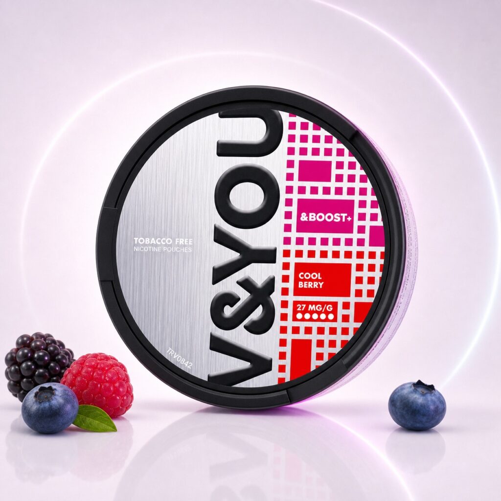 V&YOU Cool Berry 15mg Nicotine Pouches — 15mg nicotine per pouch, slim format, 20 pouches
