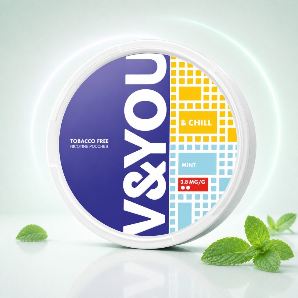 V&YOU Mint 3.8mg Nicotine Pouches — 3.8mg nicotine per pouch, slim format, 20 pouches
