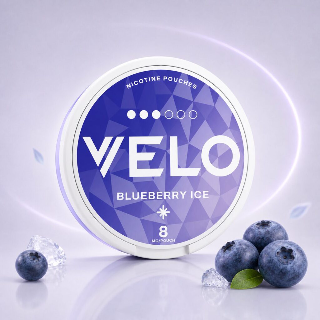 VELO Blueberry Ice 8mg — 8mg nicotine per pouch, slim format, 20 pouches