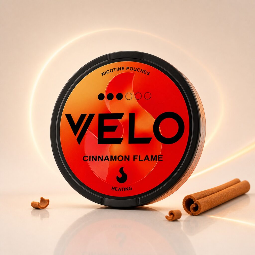 Velo Cinnamon Flame 10mg Nicotine Pouches — 10mg nicotine per pouch, slim format, 20 pouches