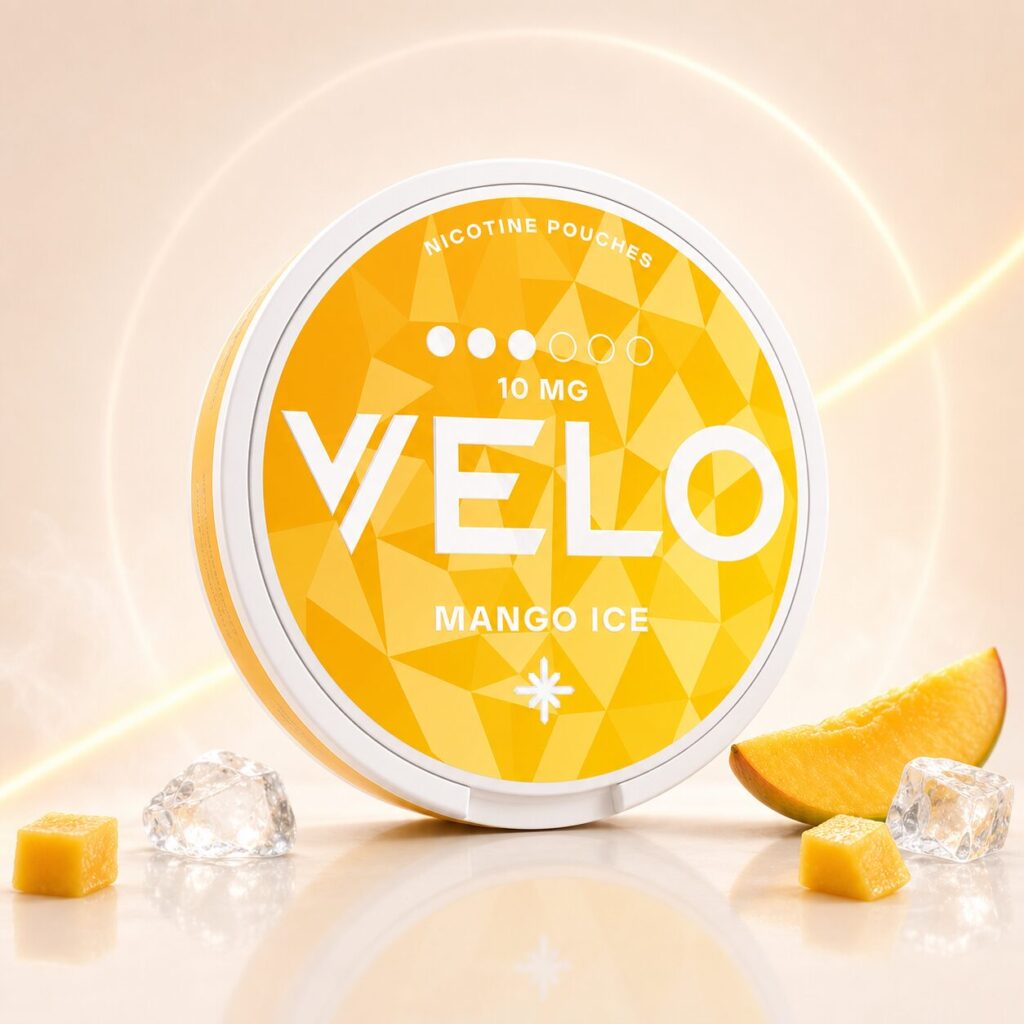 VELO Mango Ice 10mg — 10mg nicotine per pouch, slim format, 20 pouches