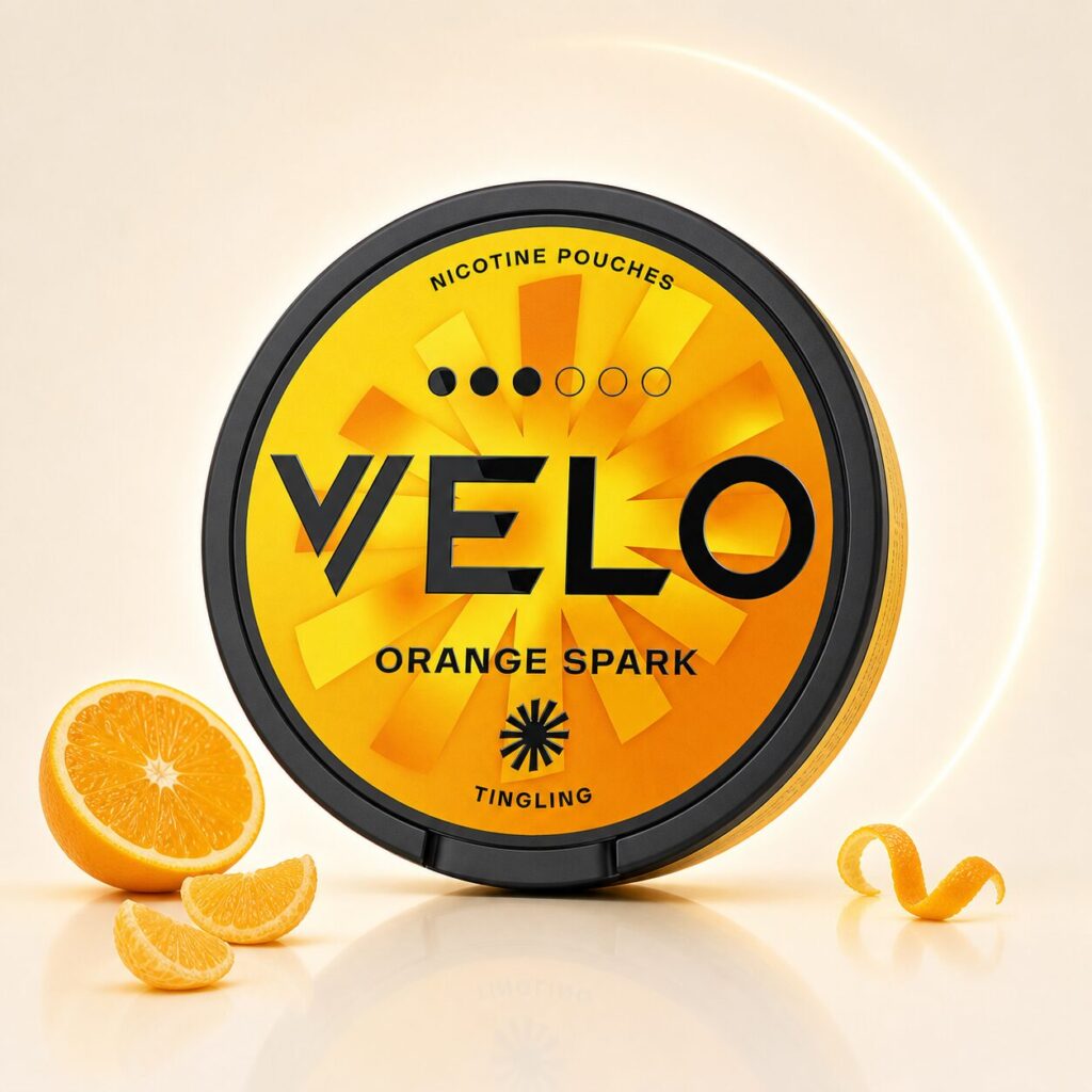 VELO Orange Spark 10mg — 10mg nicotine per pouch, slim format, 20 pouches