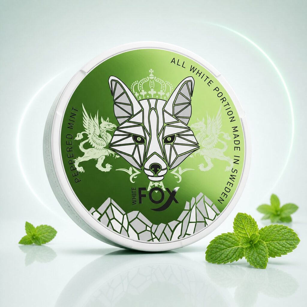 White Fox Peppered Mint 14.3mg — 14.25mg nicotine per pouch, slim format, 20 pouches