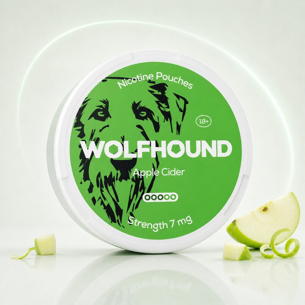 Wolfhound Apple Cider 7mg Nicotine Pouches — 7mg nicotine per pouch, slim format, 20 pouches