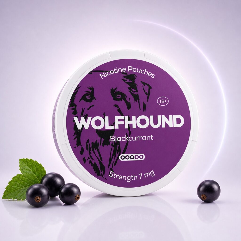 Wolfhound Blackcurrant 7mg Nicotine Pouches — 7mg nicotine per pouch, slim format, 20 pouches