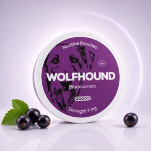 Wolfhound Blackcurrant 7mg Nicotine Pouches — 7mg nicotine per pouch, slim format, 20 pouches