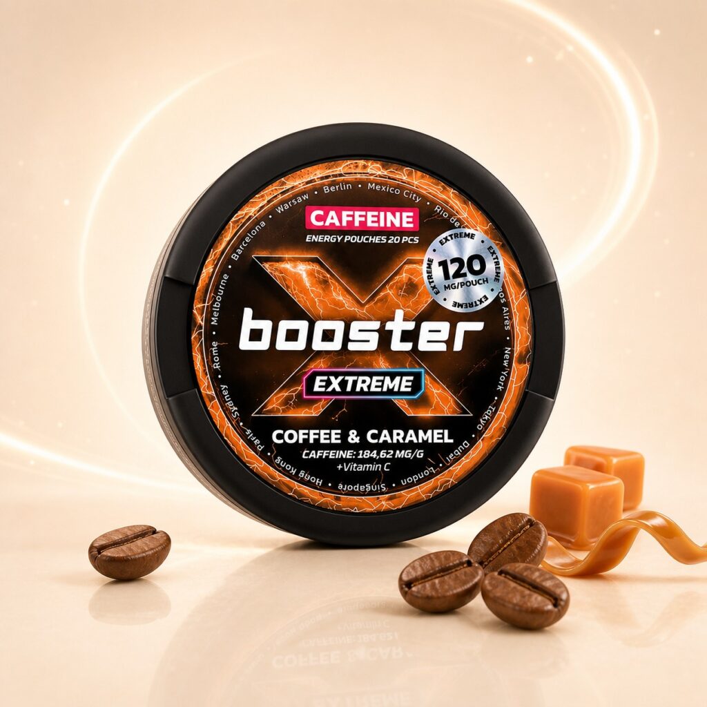 X-Booster Coffee & Caramel 120mg caffeine pouch tin