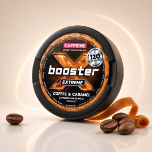 X-Booster Coffee & Caramel 120mg Nicotine Pouches — 120mg nicotine per pouch, slim format, 20 pouches