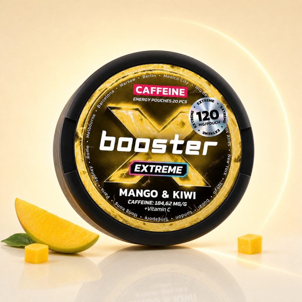 X-Booster Mango & Kiwi 120mg Nicotine Pouches — 120mg nicotine per pouch, slim format, 20 pouches