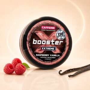 X-Booster Raspberry Vanilla 120mg caffeine pouch tin