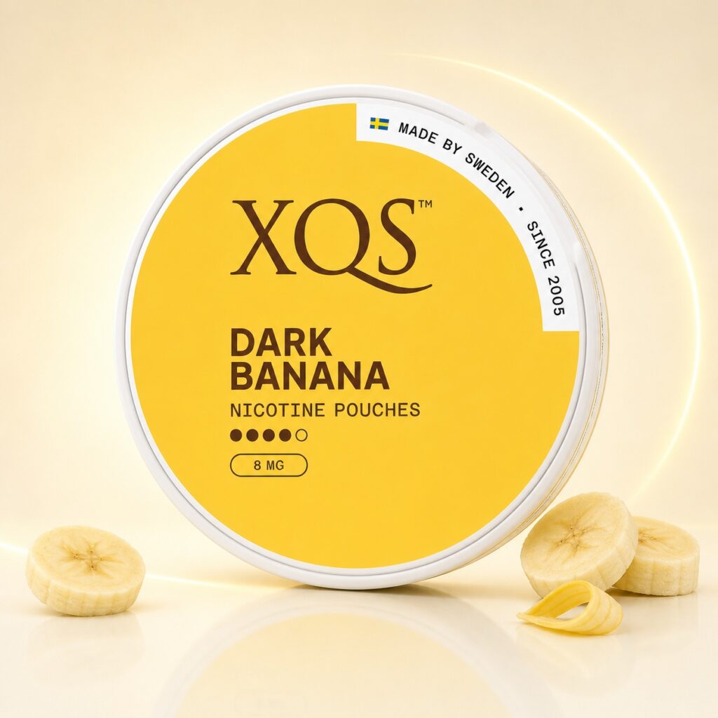 XQS Dark Banana 8mg Nicotine Pouches — 8mg nicotine per pouch, slim format, 20 pouches