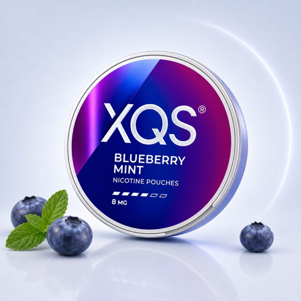 XQS Blueberry Mint 8mg — 8mg nicotine per pouch, slim format, 20 pouches