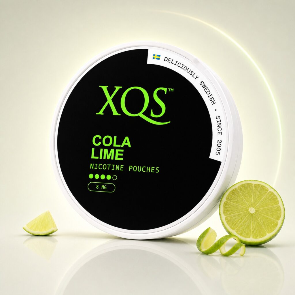 XQS Cola Lime 8mg Nicotine Pouches — 8mg nicotine per pouch, slim format, 20 pouches