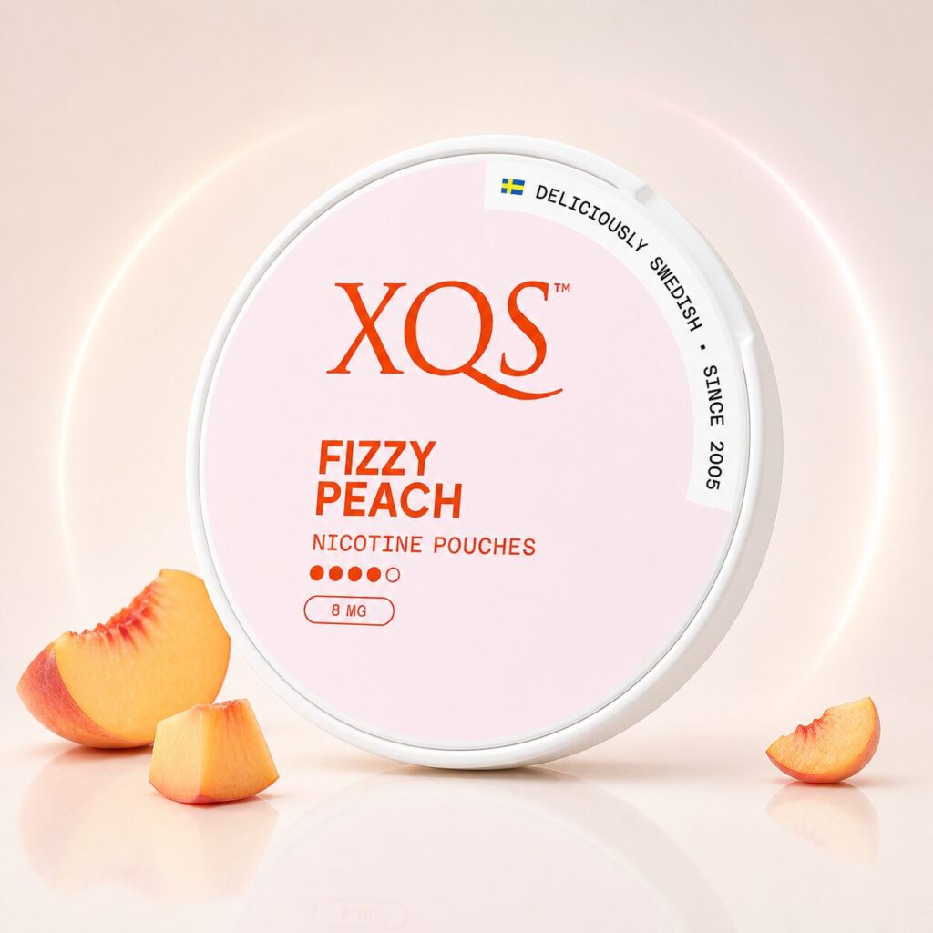 XQS Fizzy Peach 8mg — 8mg nicotine per pouch, slim format, 20 pouches