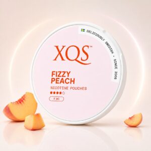 XQS Fizzy Peach 8mg — 8mg nicotine per pouch, slim format, 20 pouches