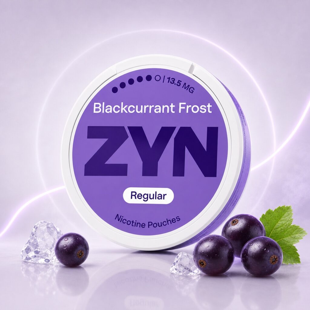 ZYN Blackcurrant Frost 13.5mg — 13.5mg nicotine per pouch, slim format, 21 pouches